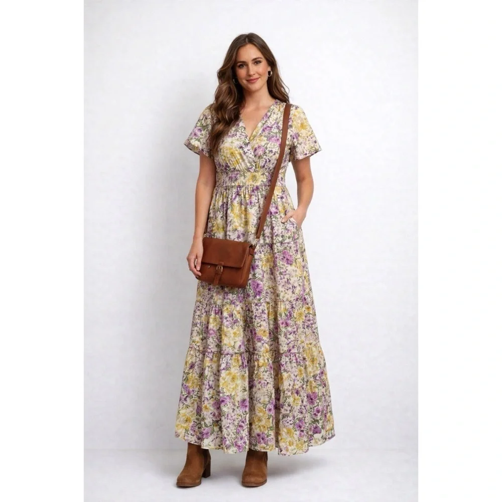 anthropologie purple maxi dress Deep-V Ruffled Maxi Dress